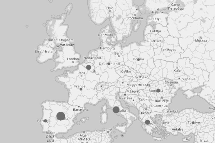 A map of Europe with numerous pins indicating all the countries reached by the PM² training courses 