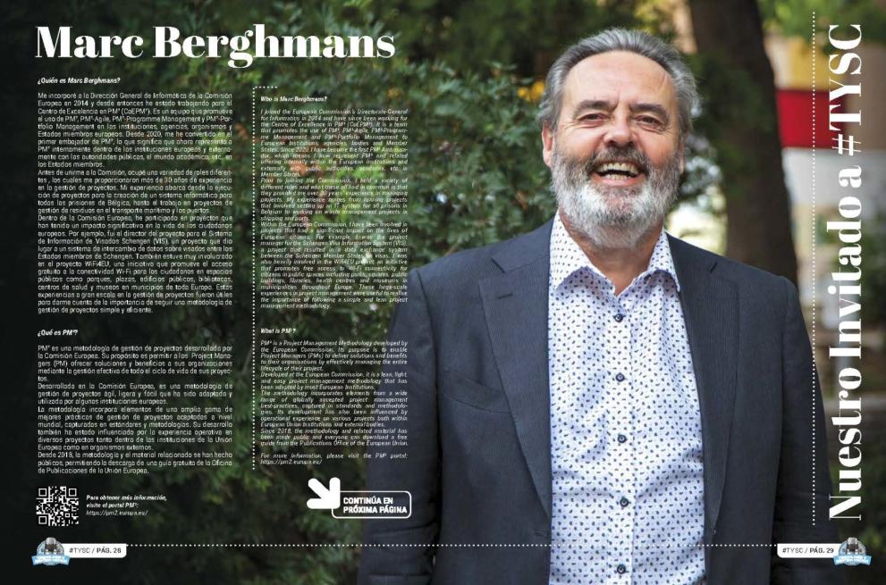 A page from a Spanish magazine, featuring Marc Berghmans from the PM² team