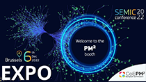 Abstract digital circle with text "Welcome to the PM² booth", logo of SEMIC, logo of the Centre of Excellence in PM²