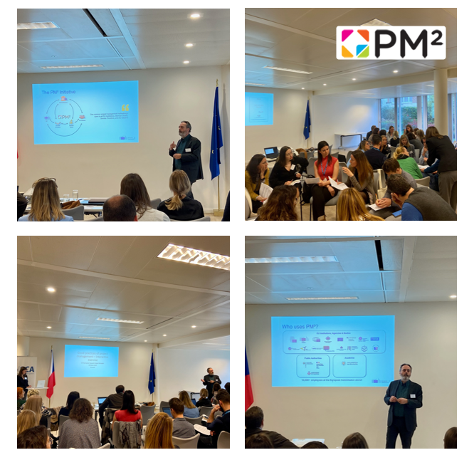 Four photos from different angles of a professional presenting PM² at the same event
