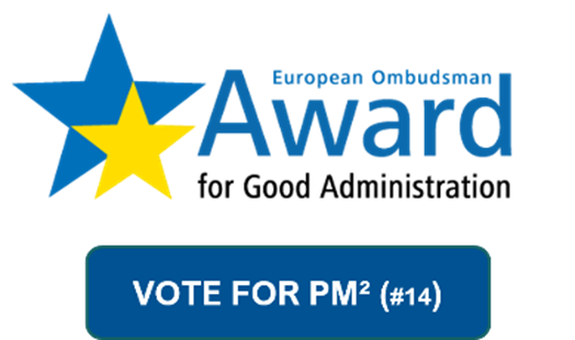 Banner with logo of the European Ombudsman Award for Good Administration and a call to action to vote for PM²