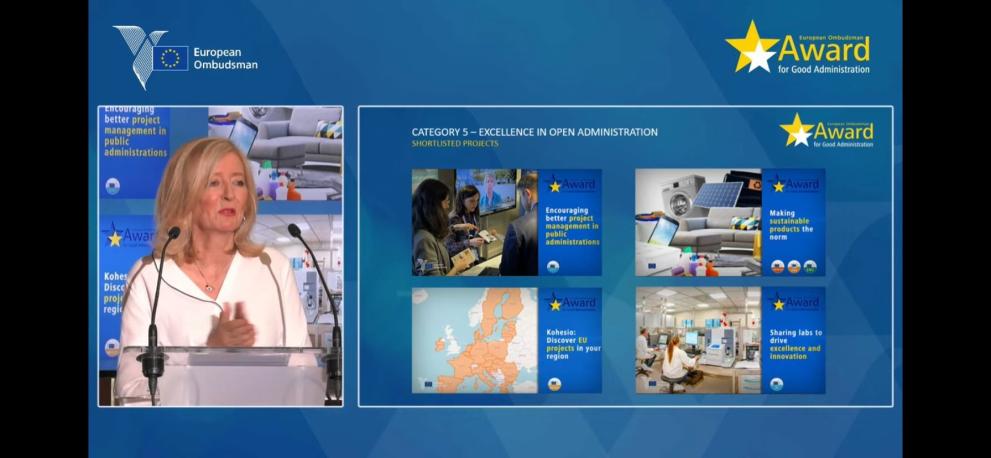 A photo of the European Ombudsman and four pictures indicating four different projects nominated for award in the category "Excellence in Open Administration"