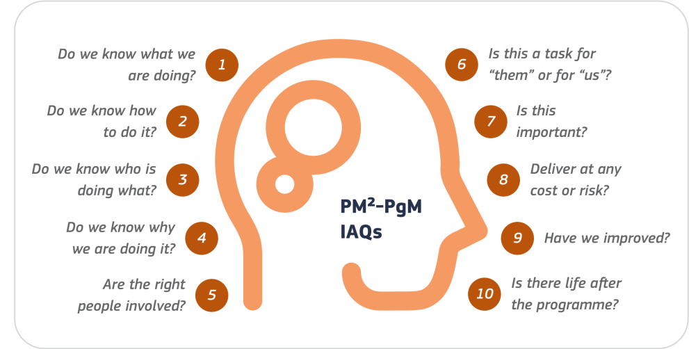 The Infrequently Asked Questions include do we know what we are doing, how to do it, who is doing it, and why? Also, are the right people involved, which task is for whom, which task is important, should it be delivered at any cost or risk, have we improved and is there life after the programme. 