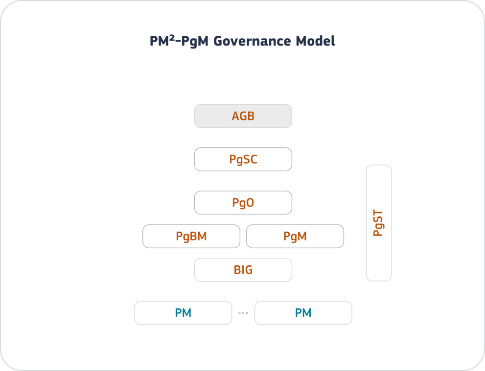 PM²-PgM Governance consists of Project Managers on the bottom, over them a Programme Support Team which consists of Business Implementation Group, Programme Business Manager, Programme Manager and Programme Owner. On top of them are the Programme Steering Committee and the Appropriate Governance Body. 