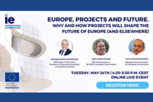Banner of the ‘Europe, Projects and Future’ Webinar, featuring a speaker from the PM² team
