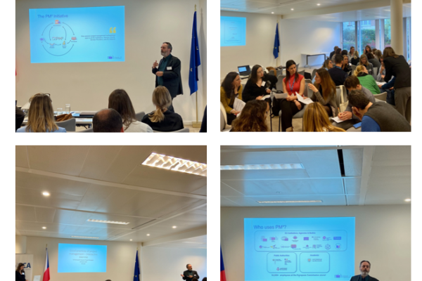Four photos from different angles of a professional presenting PM² at the same event