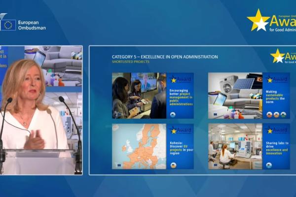 A photo of the European Ombudsman and four pictures indicating four different projects nominated for award in the category "Excellence in Open Administration"