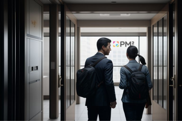 Two professionals walk down a modern office hallway towards a room with the PM² logo