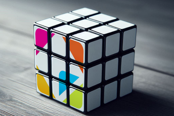 A Rubik's Cube with a PM² logo