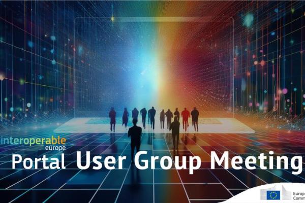 A group of people walking into a glowing digital grid, below them the text says "Interoperable Europe Portal User Group Meeting"